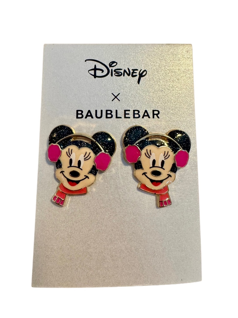 Disney x Baublebar Winter Minnie Mouse Pink & Black Enamel Stud Earrings